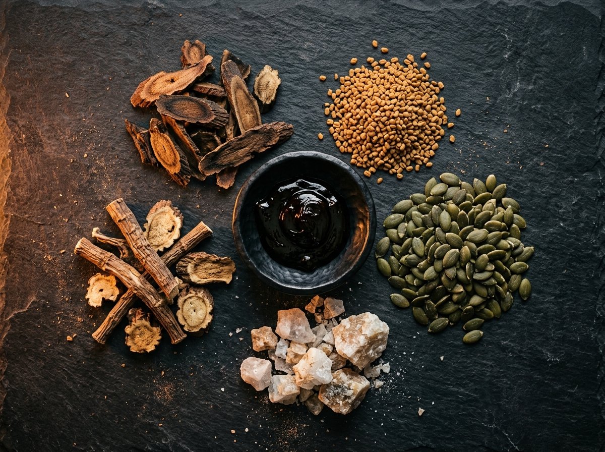 Natural testosterone support ingredients on dark slate