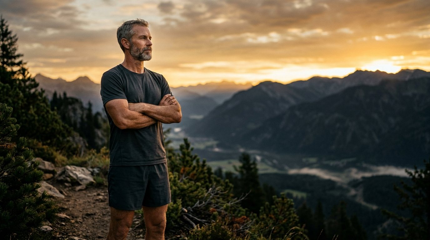 Man at sunrise on a mountain trail